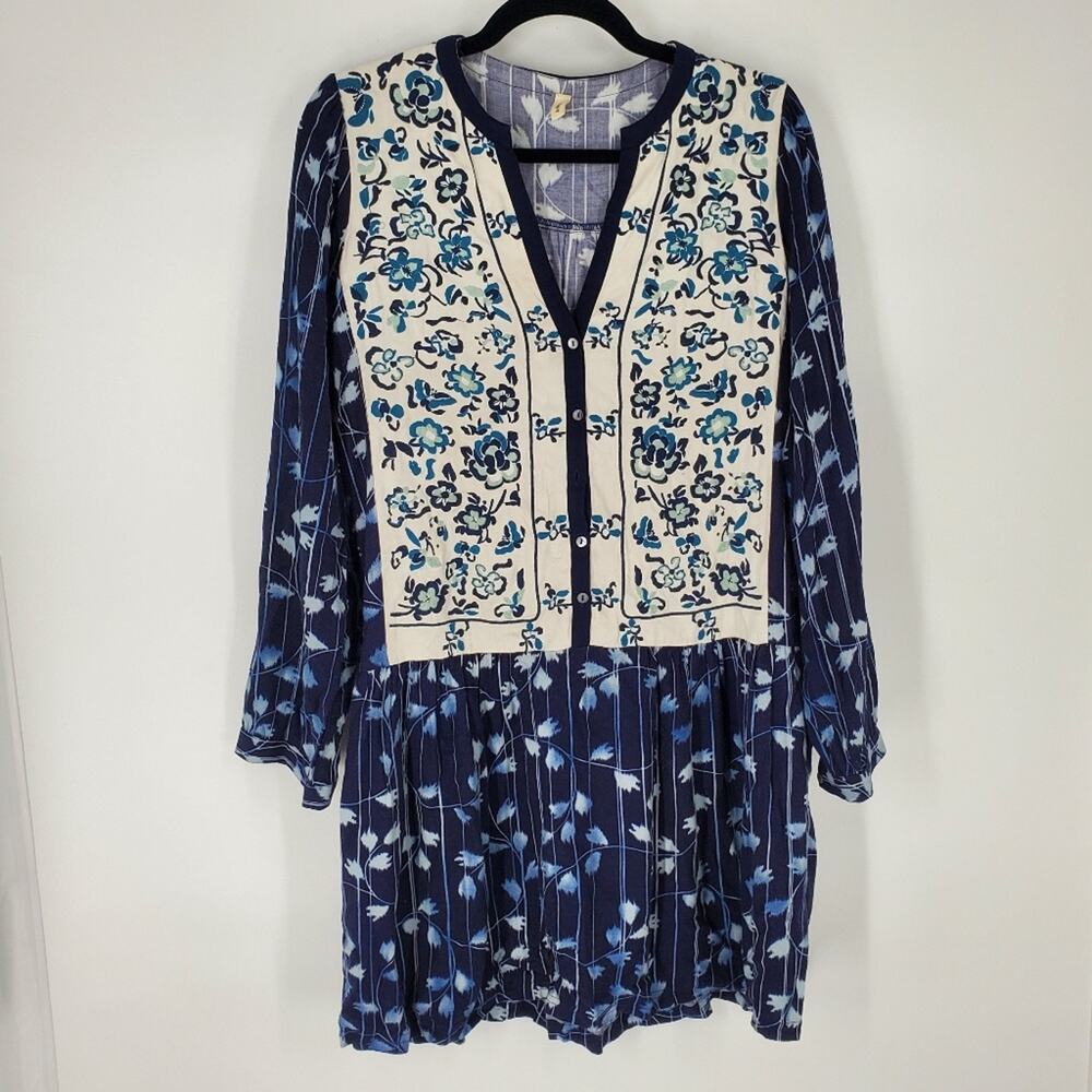 Anthropologie Tiny Blue White Floral Button Down Long Sleeve Tunic M